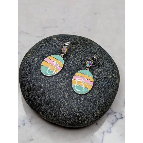 Easter Egg Pastel Stripe Chevron Decorated Egg Drop Earrings with Crystals NEW - Picture 9 of 10